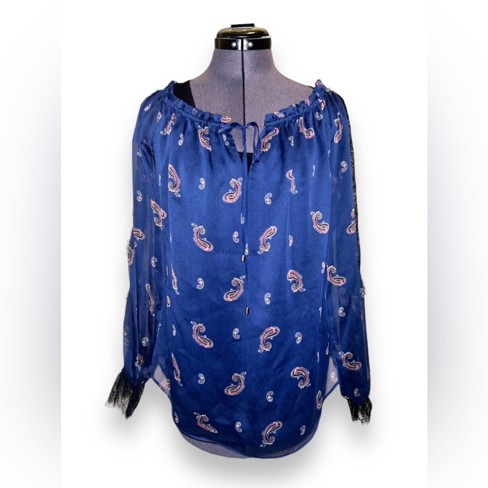 NWOT WHBM • Lace and Paisley Peasant Blouse, Sheer, Tie Front, Blue, Small
